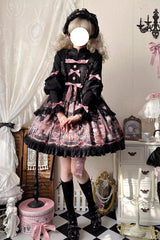Black [The Case of the Missing Lamb] Print Ruffle Bowknot Lace Gothic Lolita Jsk Dress - Black - 1