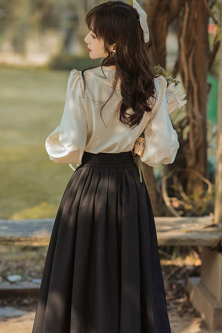 Black Lapel Collar Long Sleeves High Waisted Lace-Up Wave Hem Classic Lolita Two-Piece Skirt Set - Product - 5
