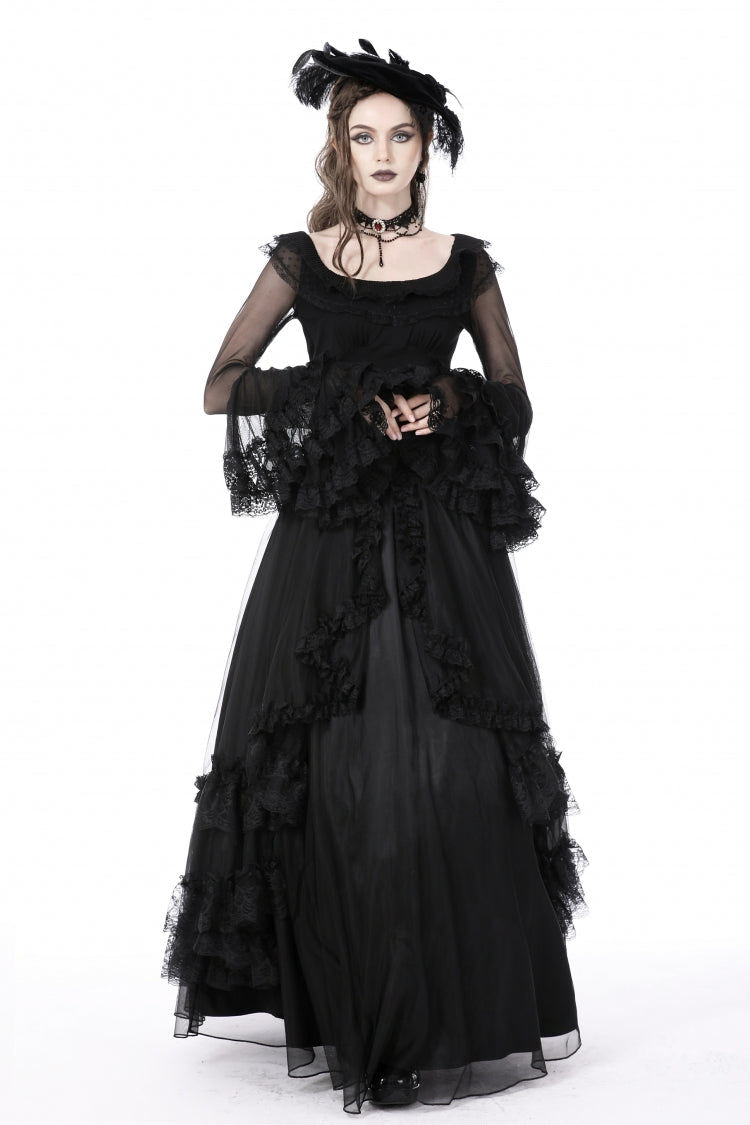 Black Multi-Layered Ruffled Lace Long Trumpet Sleeves Women's Gothic Princess Sexy Top - Product - 6