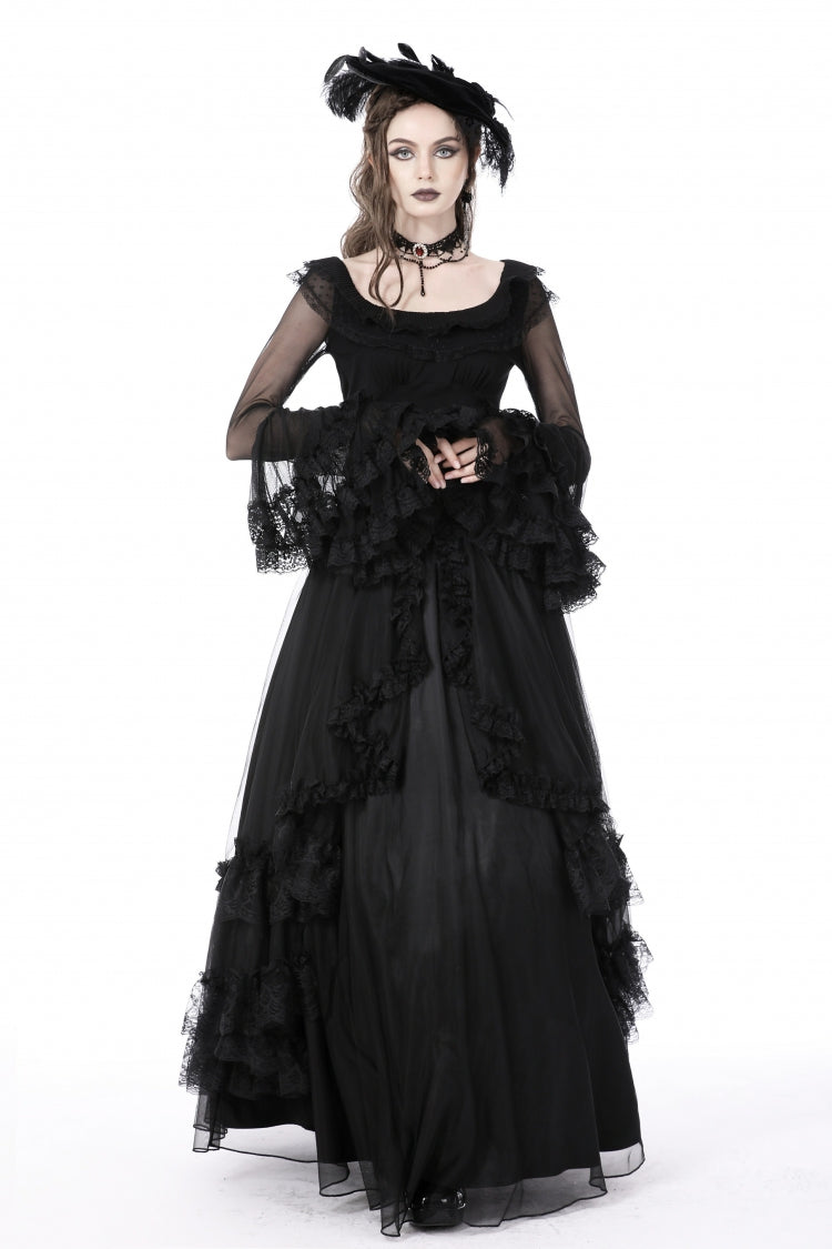 Black Multi-Layered Ruffled Lace Long Trumpet Sleeves Women's Gothic Princess Sexy Top - Product - 6