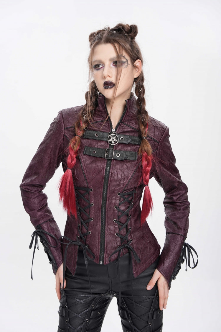 Red Pentacle Lace-Up Buckle Women's Punk Jacket - Product - 4