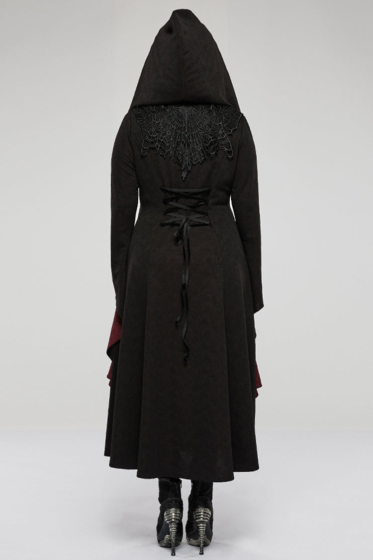 Black/Red Knitted Long Sleeves Big Hat Mystery Witch Rose Pattern Women's Gothic Coat - Product - 6