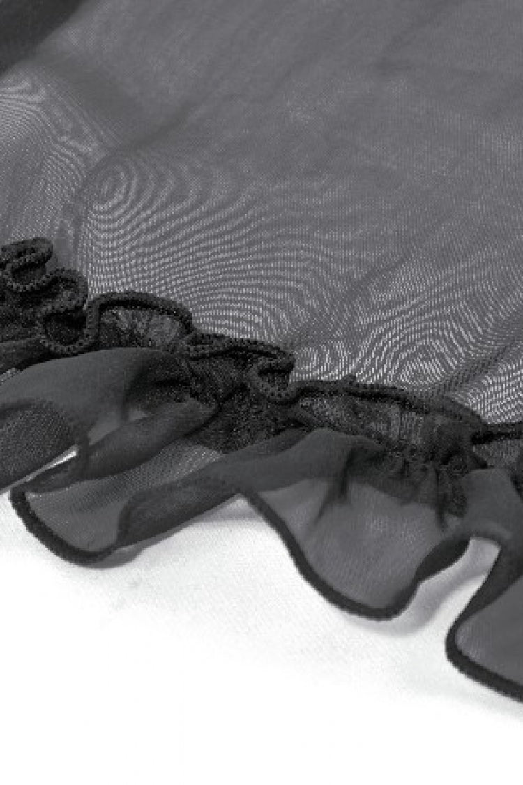Black Multi-Layered Ruffled Lace Short Puff Sleeves Sheer Women's Courtly Gothic Blouse - Product - 16