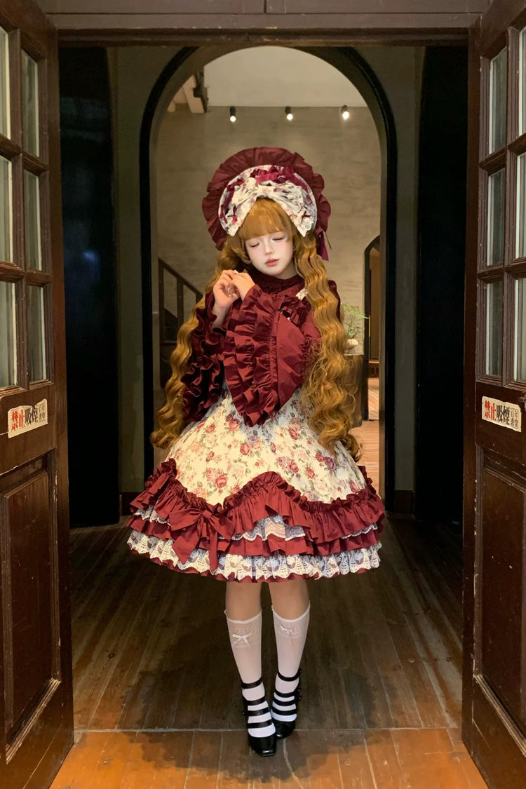 Burgundy Rose Flower Wall Printed Off Shoulder Sleeveless Ruffled Bow Lace Gothic Lolita Jsk Dress - Product - 10