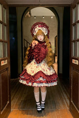 Burgundy Rose Flower Wall Printed Off Shoulder Sleeveless Ruffled Bow Lace Gothic Lolita Jsk Dress - Product - 10