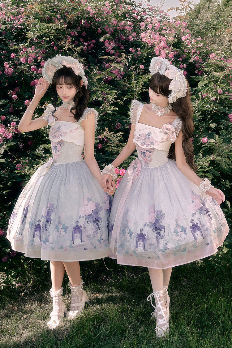 [Morning Dew Rose] Square Collar Flutter Sleeves Printed Embroidered Bow Sweet Chinese Inspired Lolita Jsk Dress 2 Colors (Blue, Green) - Product - 3
