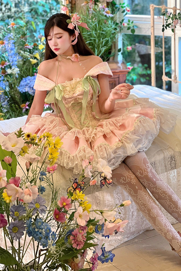 Pink [Tulip Love Song] Boat Neck Double-Layered Ruffle Bowknot Lace Lace-Up Romantic Sweet Princess Lolita Dress - Product - 17