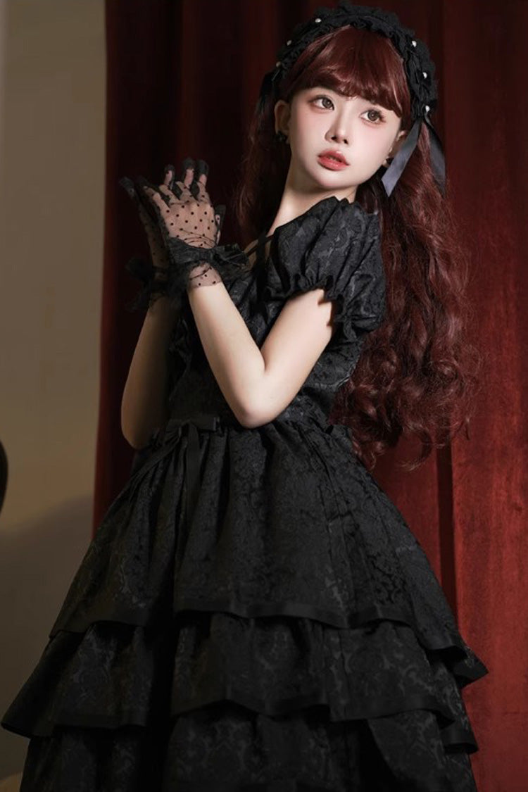 Black Thorn Rose Short Sleeves Multi-layer Ruffle Bowknot Gothic Princess Lolita Dress - Product - 6
