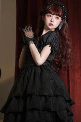 Black Thorn Rose Short Sleeves Multi-layer Ruffle Bowknot Gothic Princess Lolita Dress - Product - 6
