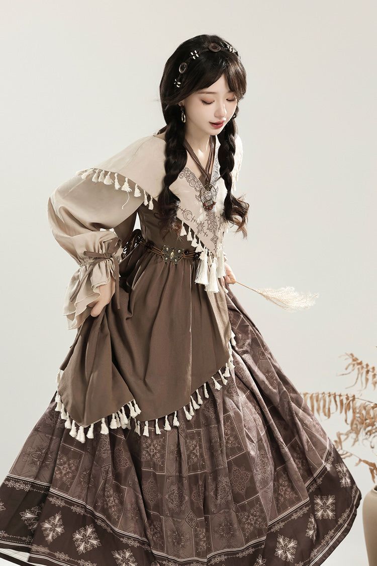 Brown [Mysterious Tribe] Long Lantern Sleeves Print Ruffle Asymmetric Sweet Chinese Style Lolita Dress - Product - 8