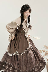 Brown [Mysterious Tribe] Long Lantern Sleeves Print Ruffle Asymmetric Sweet Chinese Style Lolita Dress - Product - 8
