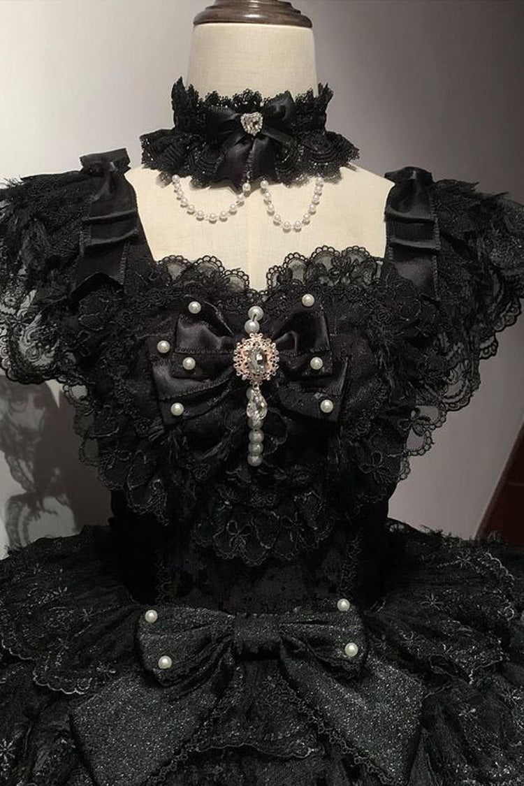 Black [Ballad of Feathers] Sleeveless Multi-Layered Ruffle Hanayome Bowknot Gothic Lolita Jsk Dress - Product - 5