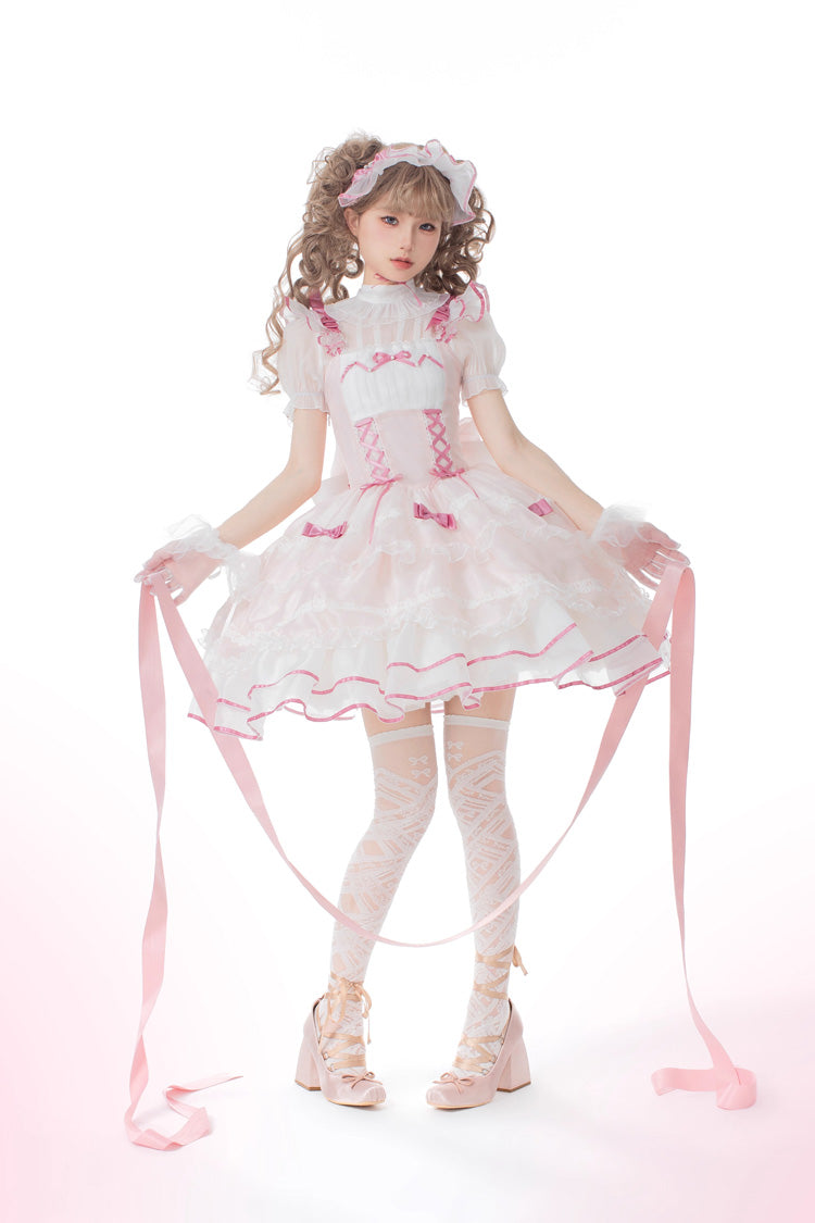 Pink Multi-layer Ruffle Bowknot Lace-Up Ballet Style Sweet Princess Lolita Tiered Dress - Product - 3