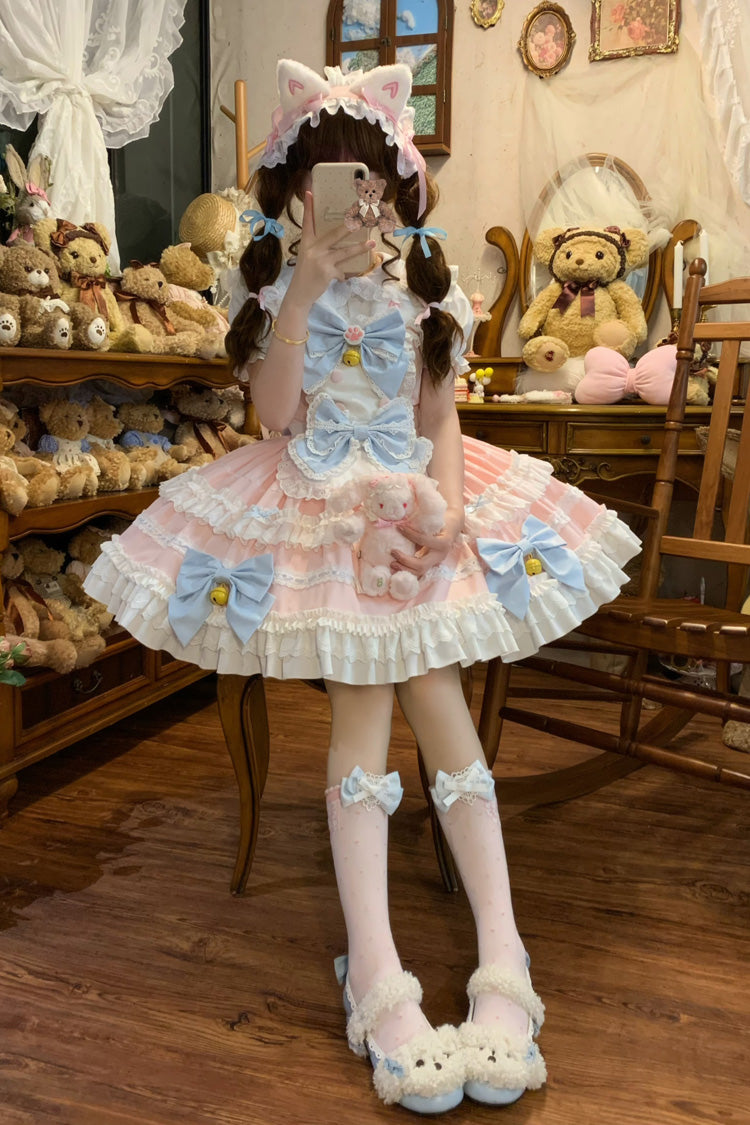 Pink [Meowling Sweet Maid] Sleeveless Multi-Layered Ruffle Bowknot Lace Sweet Princess Lolita Jsk Dress - Product - 2