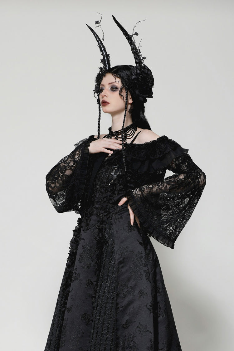 Black Ruffled Off Shoulder Long Bishop Sleeves Lace Women's Gothic Cape - Product - 5