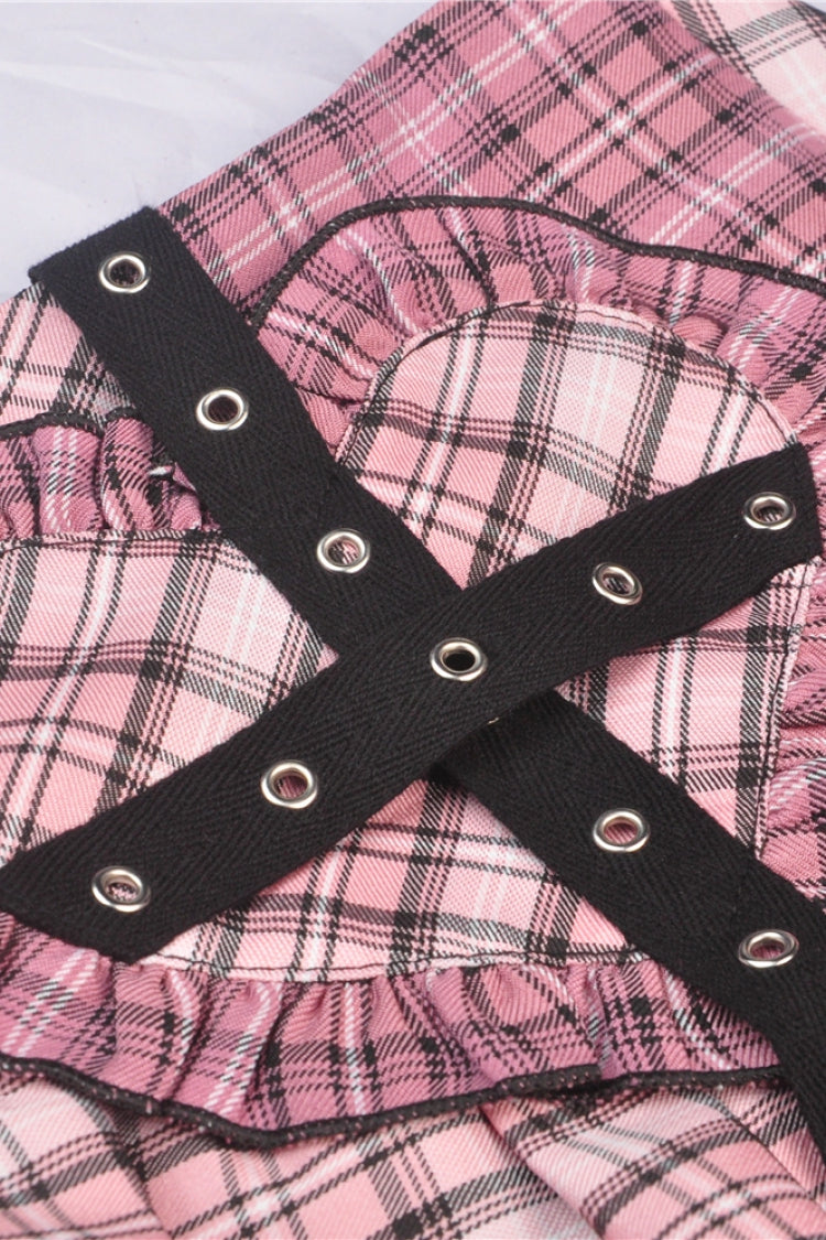 Pink Rock Heart Plaid Double-Layered Ruffled Women's Lolita Mini Skirt with Lace Hem - Product - 14