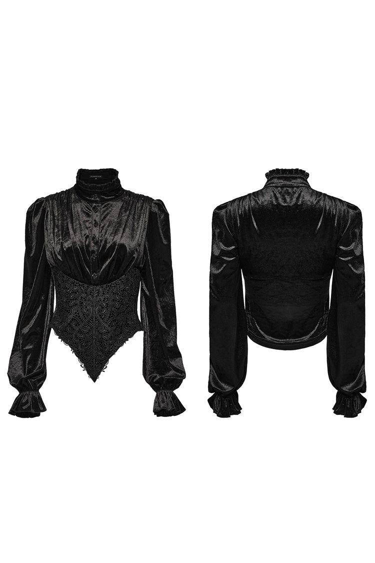 Black Stand Collar Irregular Pleated Velvet Women's Gothic Blouse - Product - 5