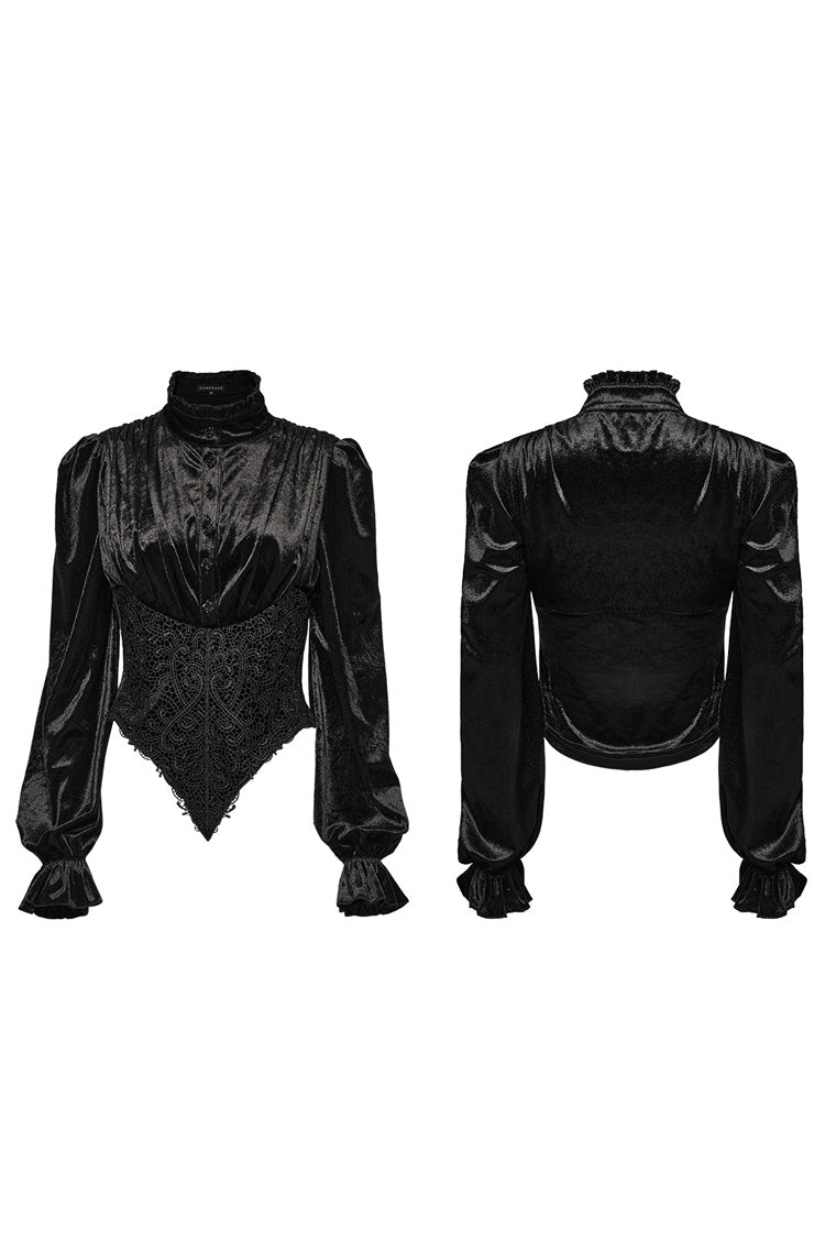 Black Stand Collar Irregular Pleated Velvet Women's Gothic Blouse - Product - 5
