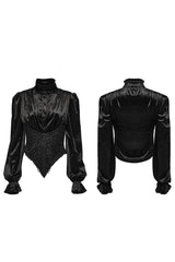 Black Stand Collar Irregular Pleated Velvet Women's Gothic Blouse - Product - 5
