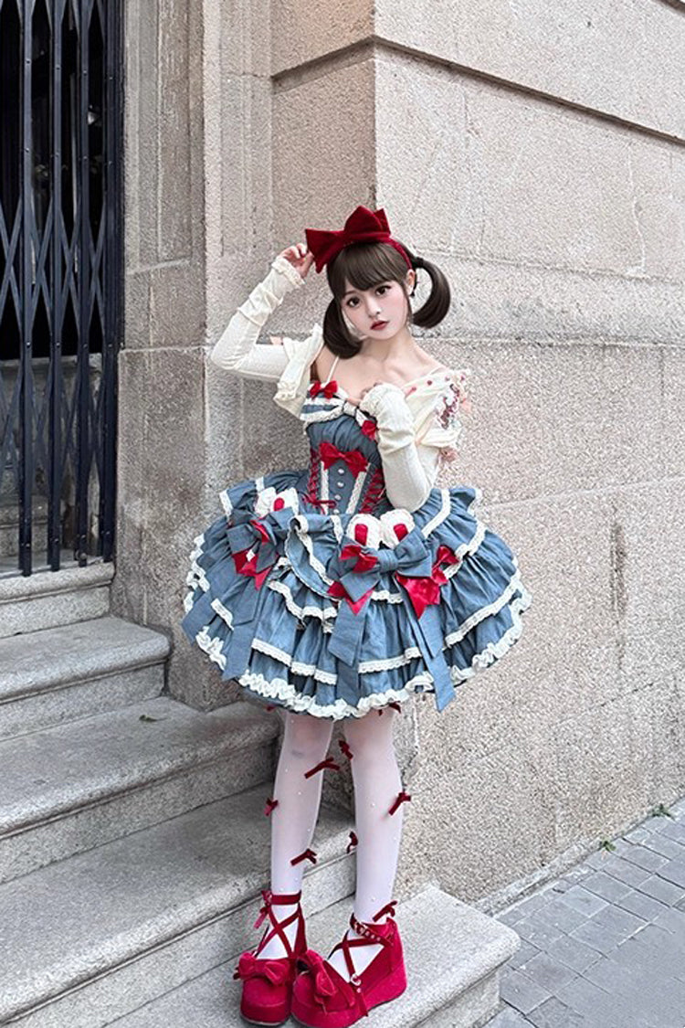 Blue [Milk Rabbit Theater] Halterneck Sleeveless Triple-Layered Ruffle Bowknot Lace-Up Sweet Lolita Jsk Dress - Product - 10