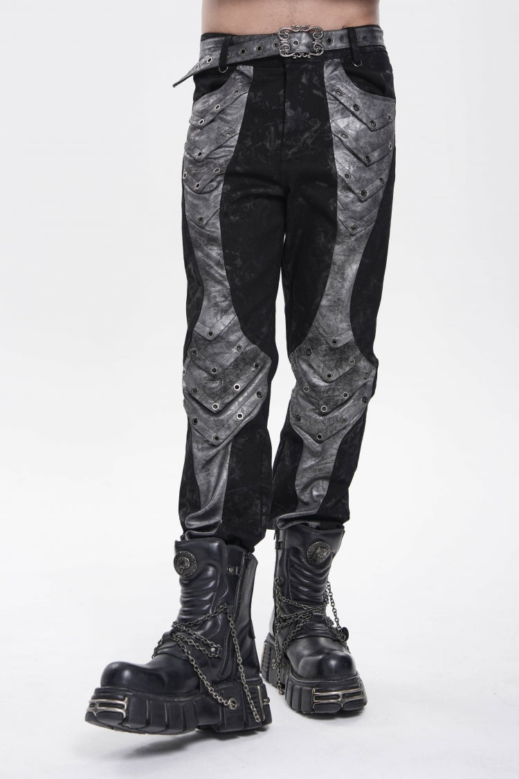 Grey Printed Cut-Out Spliced Color-Blocked Men's Punk Cool Pants - Product - 12