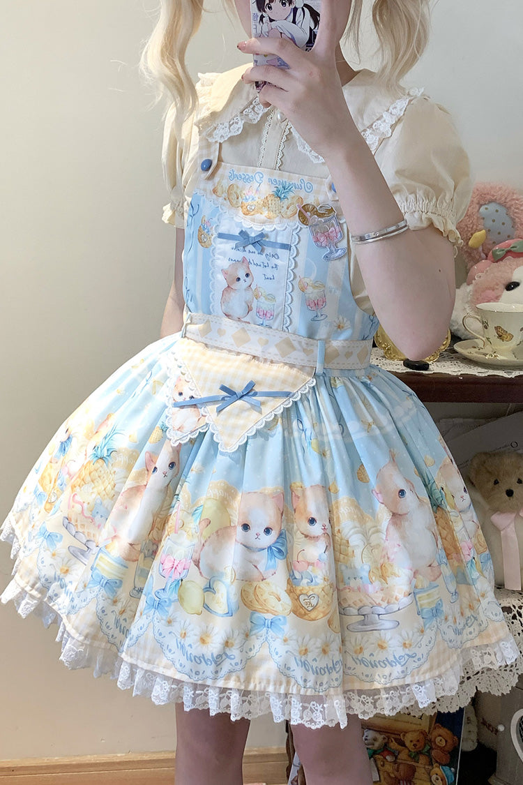 Blue [Pineapple Cat] Print Sleeveless Bowknot Lace Sweet Lolita Strap Dress - Product - 6
