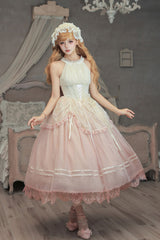 [Tulip Scent] Halterneck Sleeveless Printed Ruffled Lace Lace-Up Fishbone Sweet Lolita Jsk Dress Set (Pink/Purple 2 Colors) - Product - 19