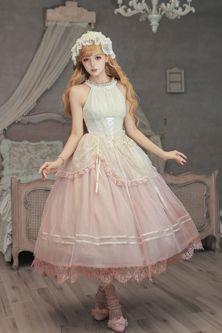 [Tulip Scent] Halterneck Sleeveless Printed Ruffled Lace Lace-Up Fishbone Sweet Lolita Jsk Dress Set (Pink/Purple 2 Colors) - Product - 19
