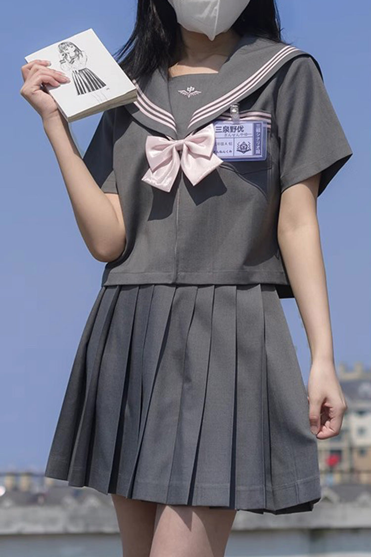 Grey Sweet College Style Navy Collar Japanese School Pleated Skirt - Grey - 1