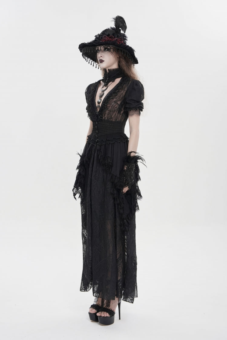 Black V Collar Short Sleeves Hanayome Lace Women's Gothic Wedding Dress - Product - 3
