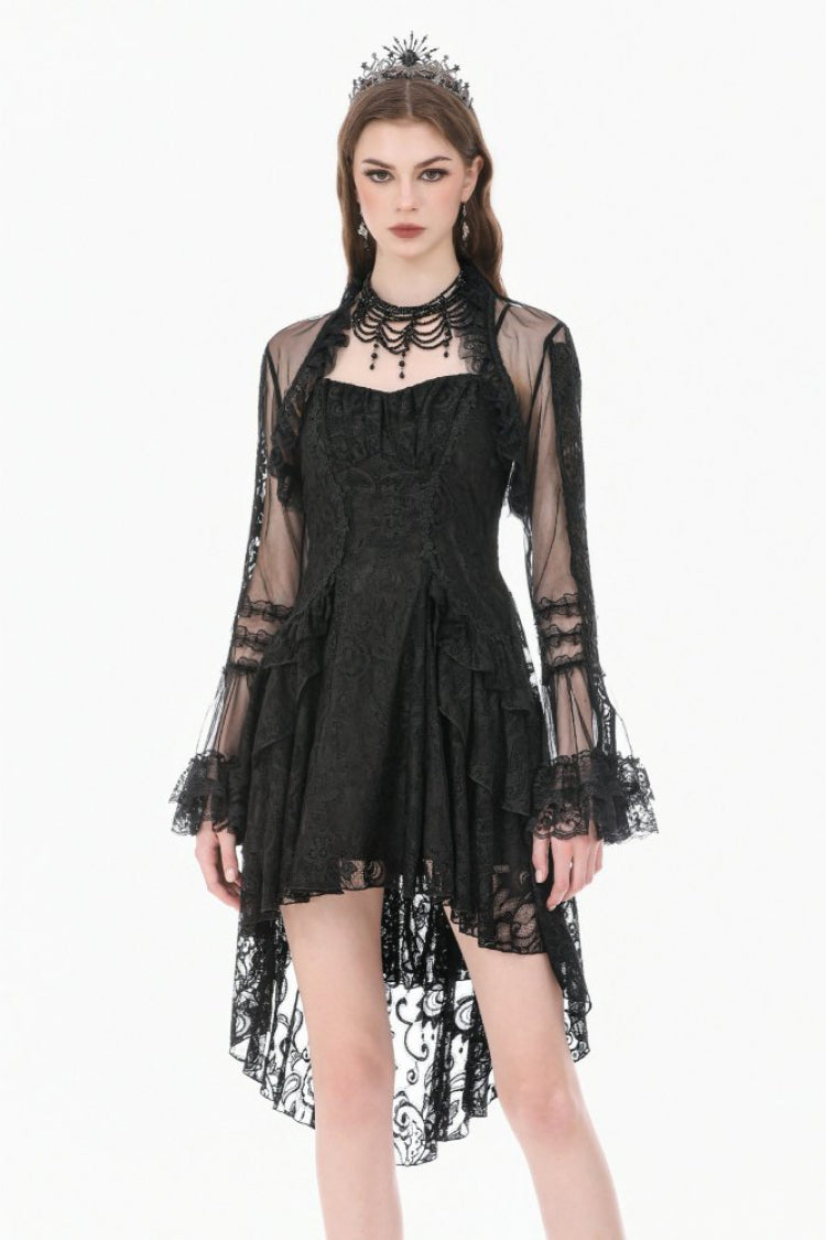Black Lace Ruffled High Collar Long Flare Sleeves Sheer Mesh Women's Gothic Cape - Black - 1