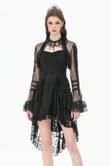Black Lace Ruffled High Collar Long Flare Sleeves Sheer Mesh Women's Gothic Cape - Black - 1