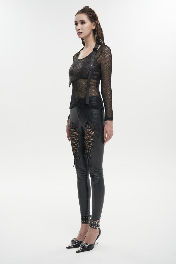 Black Wool Shoulder Loop Adjustable Asymmetric Wrapped Women's Punk T-Shirt - Product - 5