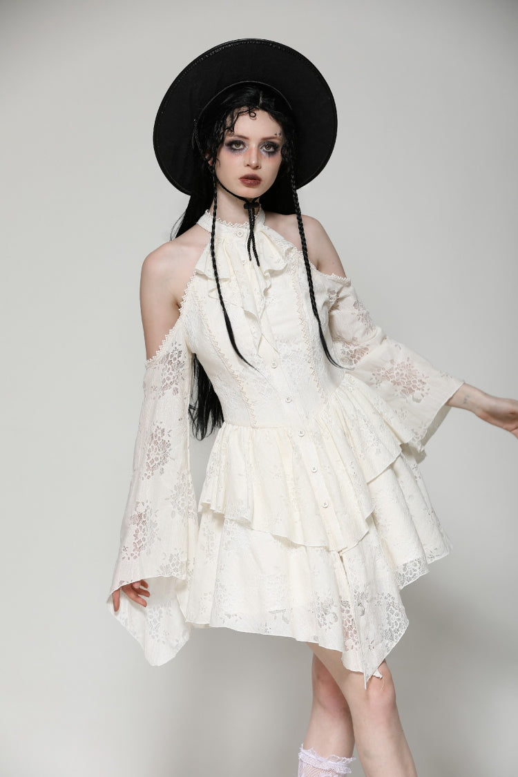 Beige Halter Off Shoulder Lapel Collar Long Flare Sleeves Lace-Up Women's Steampunk Dress - Product - 5