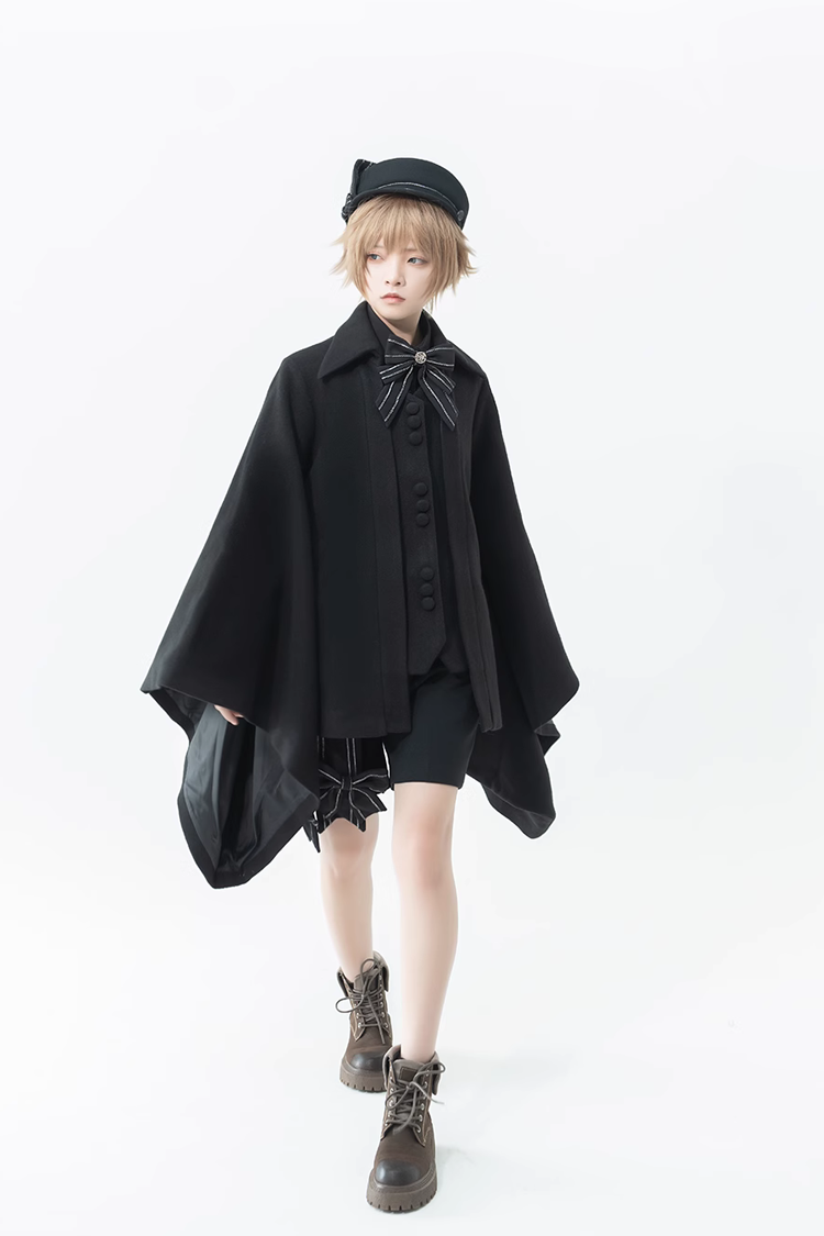 Black Retro Loose Large Sleeve Ouji Lolita Woolen Coat - Product - 4