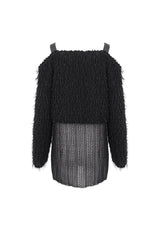 Black Irregular Off Shoulder Fluffy Women's Punk Sweater - Product - 9