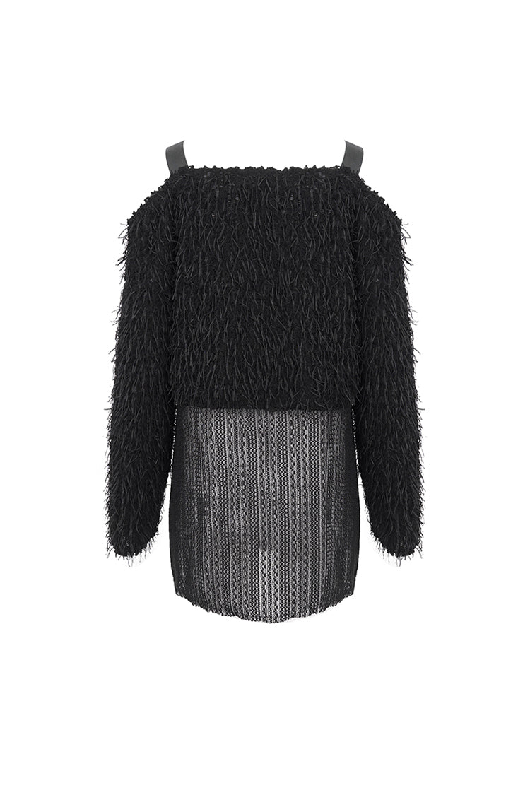 Black Irregular Off Shoulder Fluffy Women's Punk Sweater - Product - 9