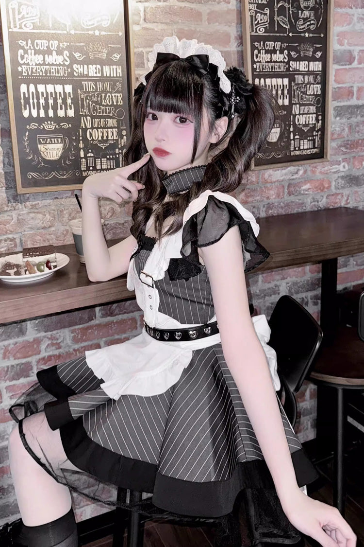 Grey/Black Short Sleeves Stripe Print Ruffle Jirai Kei Dress - Product - 3