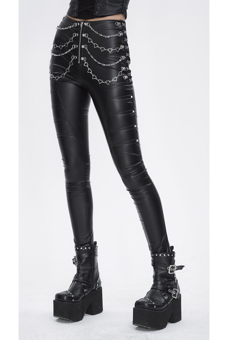 Black Chain Stud Skintight Leather Womens Punk Pants - Product - 4