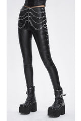 Black Chain Stud Skintight Leather Womens Punk Pants - Product - 4