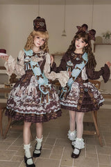 Brown [Teddy Bear Chocolate] Sleeveless Print Ruffle Bowknot Sweet Lolita Jsk Dress - Product - 5