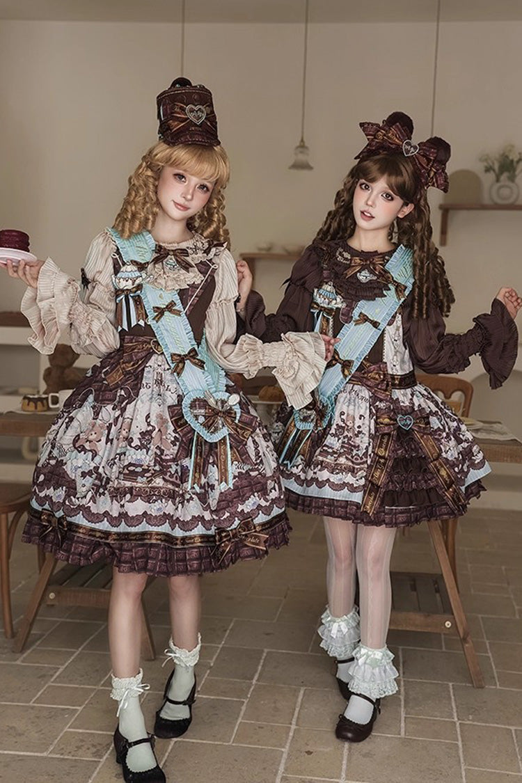 Brown [Teddy Bear Chocolate] Sleeveless Print Ruffle Bowknot Sweet Lolita Jsk Dress - Product - 5