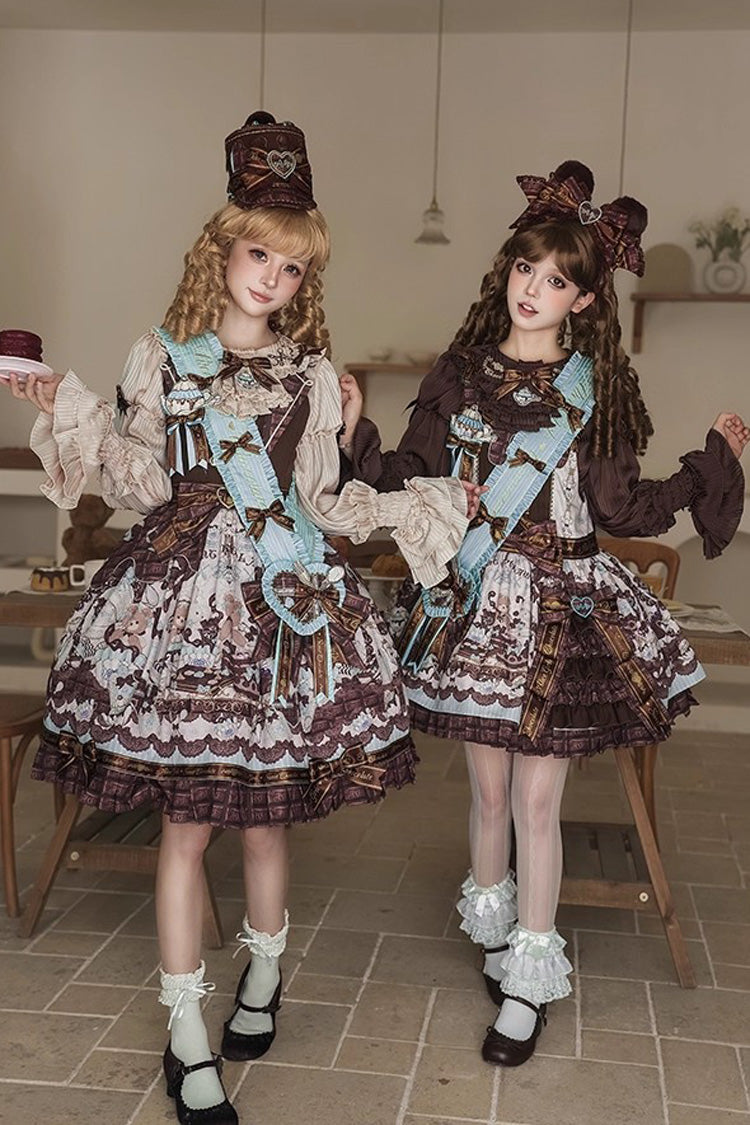 Brown [Teddy Bear Chocolate] Sleeveless Print Ruffle Side Cardigan Bowknot Asymmetric Sweet Lolita Strap Dress - Product - 6