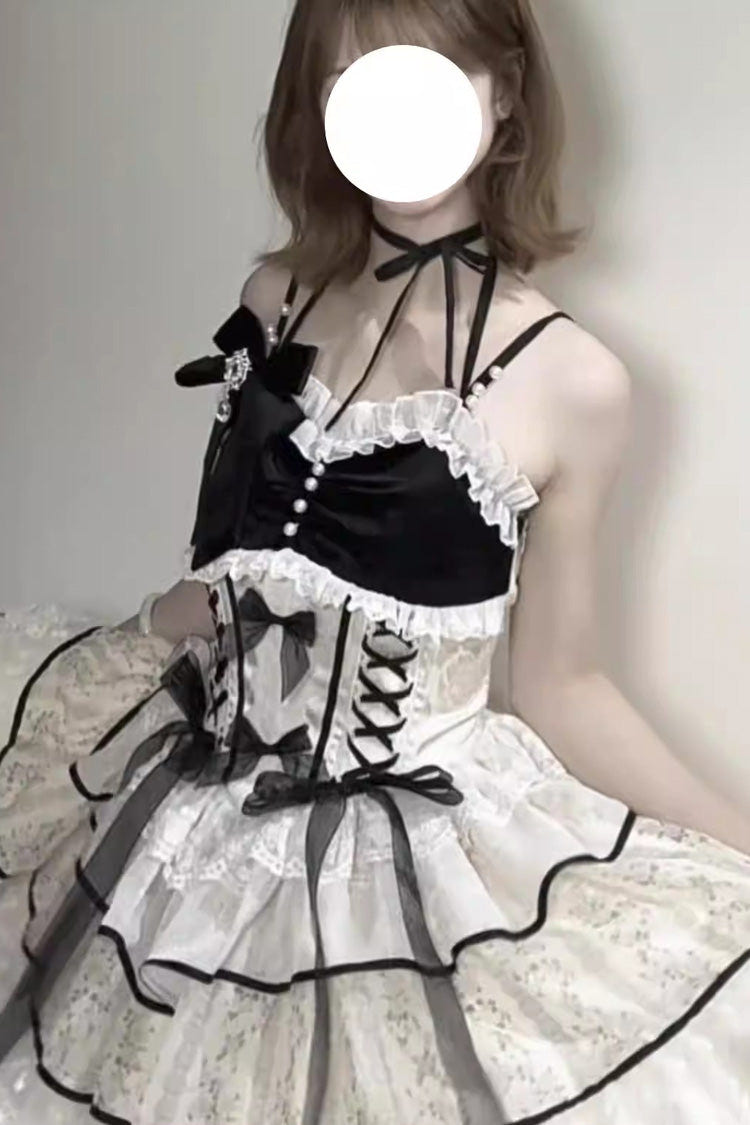 Black/Apricot [Holiday Ball] Sleeveless Multi-Layered Printed Ruffled Bow Lace Ballet Sweet Lolita Jsk Dress - Product - 5