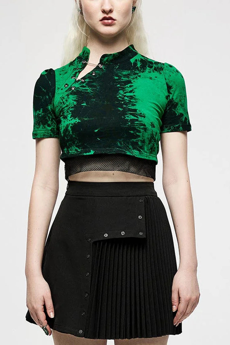 Green Short Sleeves Tie-dyed Metal Chain Women's Steampunk Short T-Shirt - Green - 1