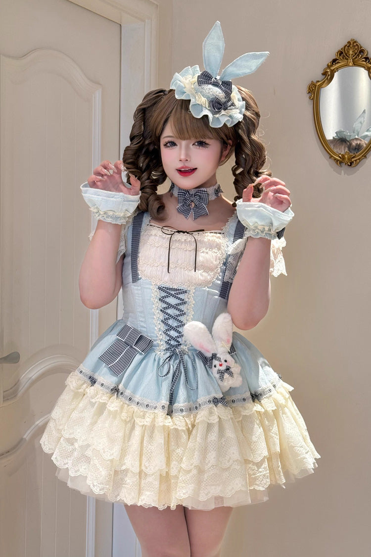 [Goodnight Alice] Sleeveless Ruffled Bow Lace-Up Sweet Lolita Jsk Dress 3 Colors - Blue - 1
