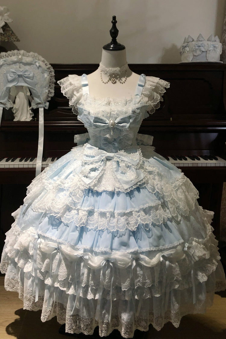 Blue [Eternal Floral Message] Square Collar Sleeveless Multi-Layered Hanayome Embroidered Bow Lace Sweet Lolita Jsk Dress - Product - 3