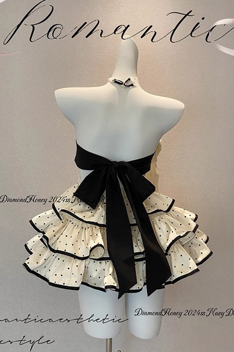Apricot Multi-layer Polka Dots Print Navy Doll Ruffle Bowknot Sweet Lolita Tiered Dress - Product - 11