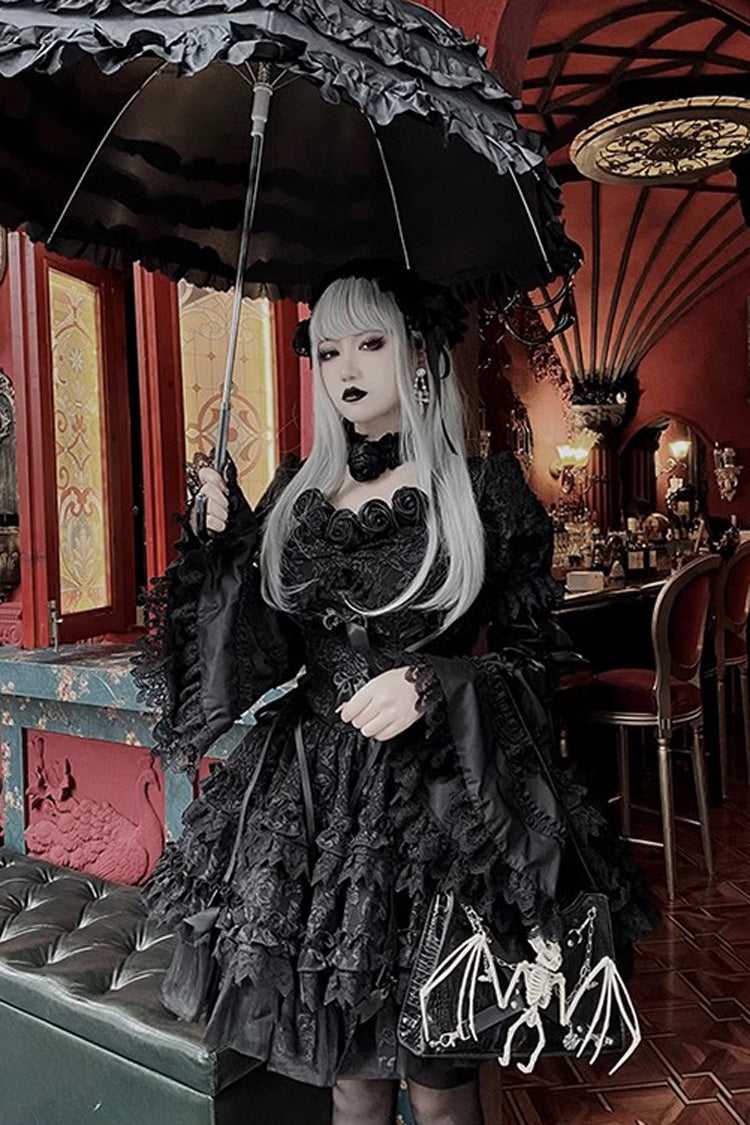 Pure Black Puff Short Sleeves Princess Gothic Lolita Tiered Dress - Product - 3