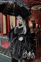 Pure Black Puff Short Sleeves Princess Gothic Lolita Tiered Dress - Product - 3